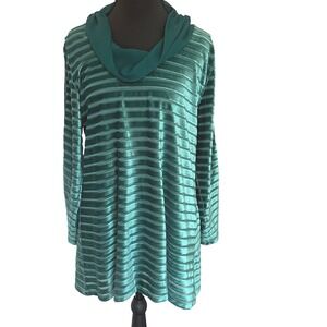 Soft‎ Surroundings S Meri Velvet Sheer Stripe Tunic Green Cowl Neck Holiday